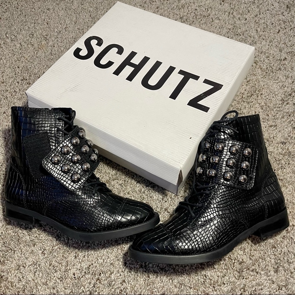 Shutz Marieta Croc Embossed Leather Booties In Black Leather
